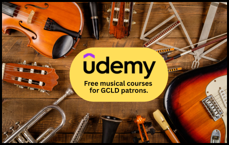 Image of assorted musical instruments and the text "Fee musical courses for GCLD patrons"